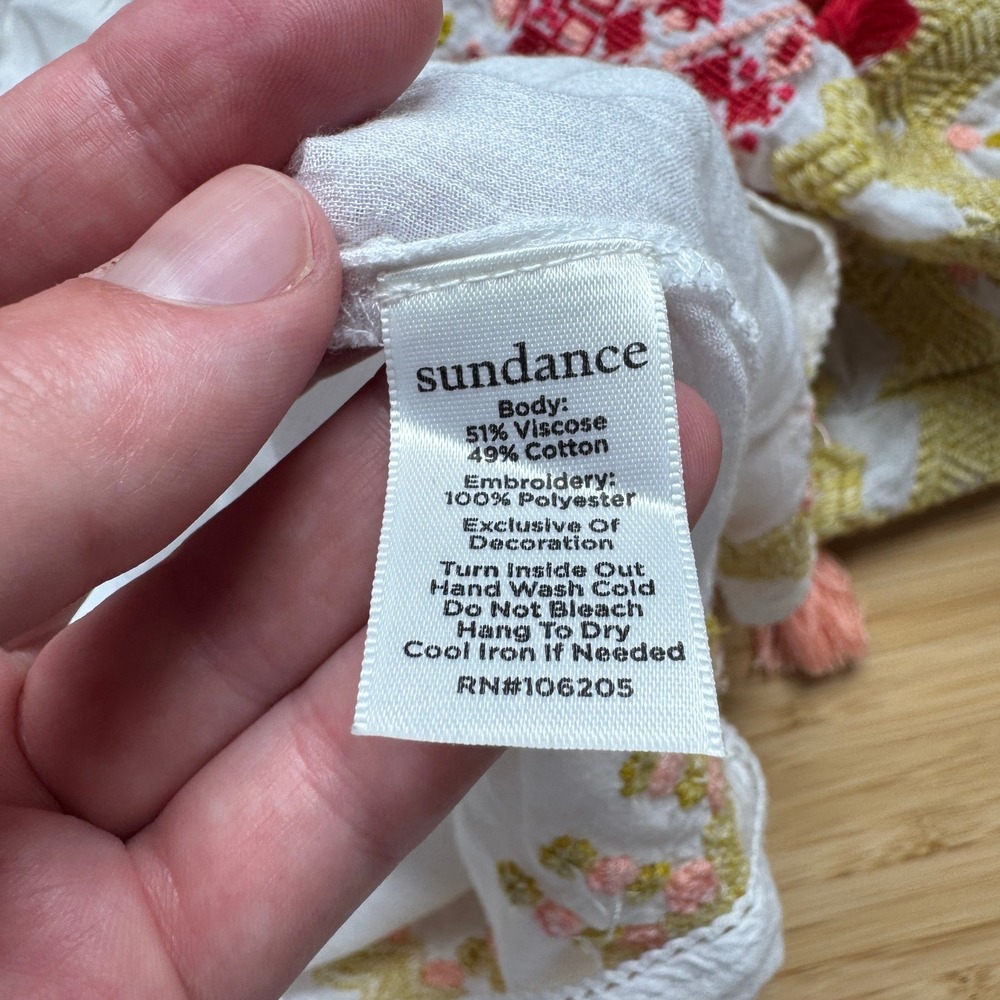 Sundance Ellora Embroidered Cotton Tassel Peasant Top White XL Boho V-Neck - Picture 9 of 14